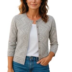 Bass Medallion Print Grey and White Cardigan Button Front Sweater Size Medium